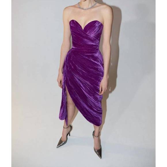 NEW RASARIO draped velvet midi dress in purple - Picture 3 of 3